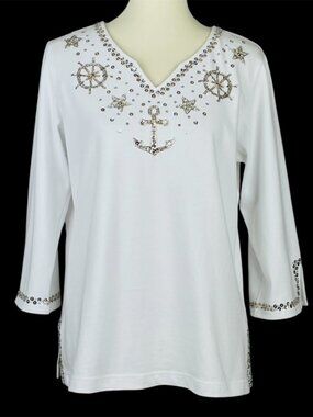 Quacker Factory Nautical Top Sz M Bling Resort Beach Coastal Grandma Summer